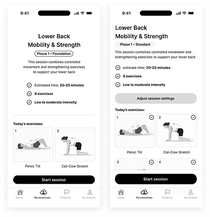 Two mobile screens comparing guided and controlled-flexibility rehabilitation session models