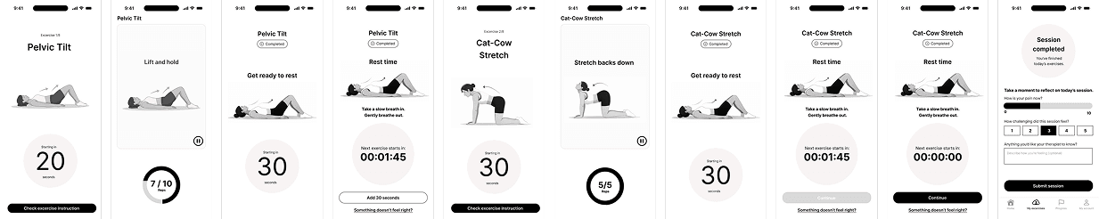 Sequence of rehabilitation session screens showing guided step-by-step flow
