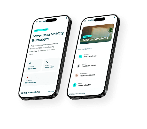 Home rehabilitation concept screens shown on two angled mobile mockups