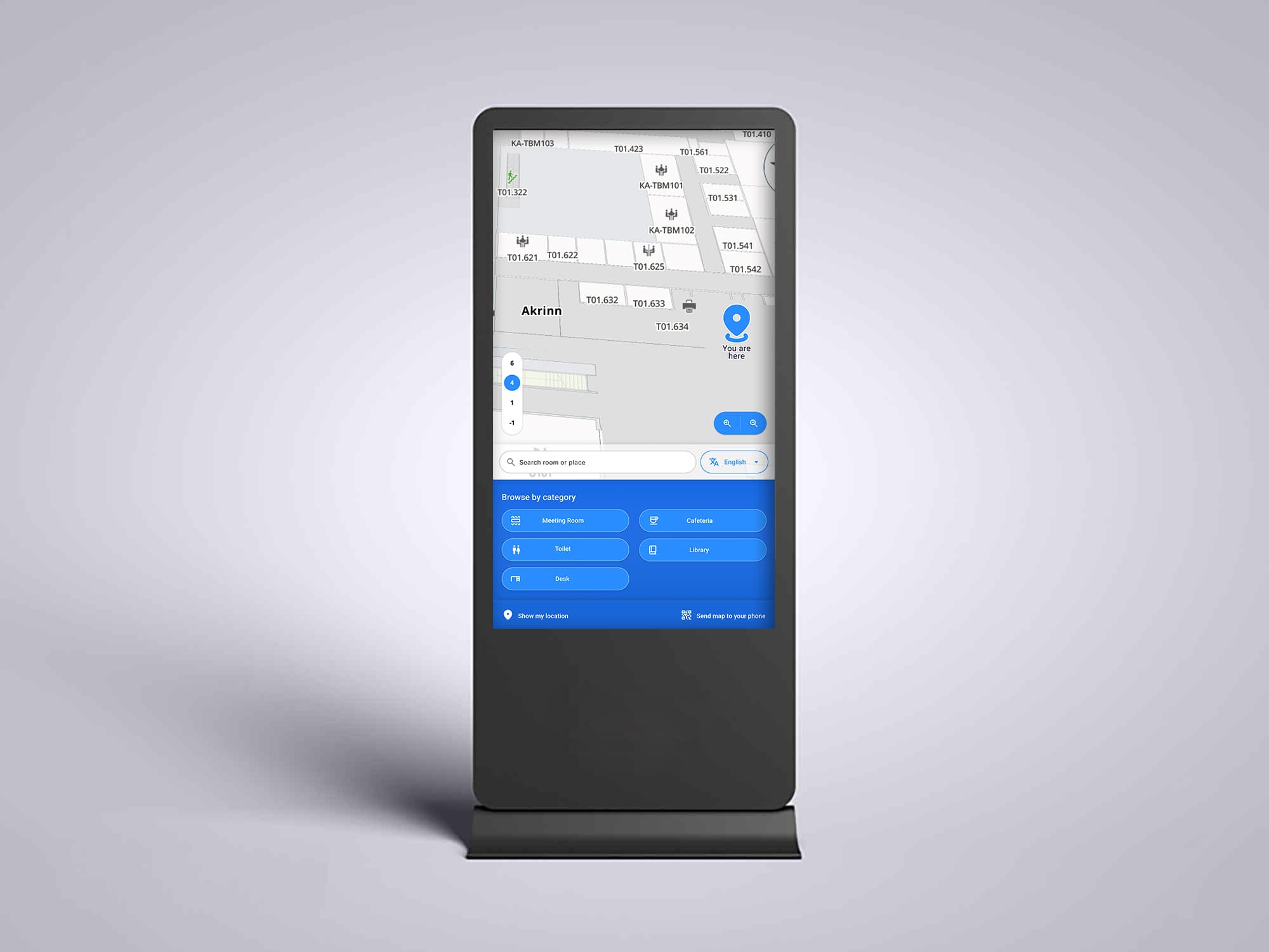 Portrait version of the public wayfinding kiosk showing the updated interface