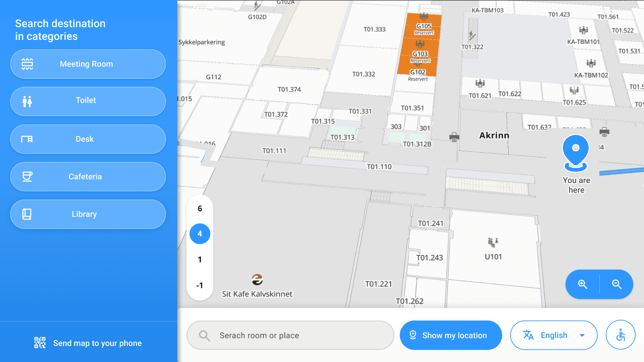 Refined wayfinding interface showing map-first layout and accessible touch targets