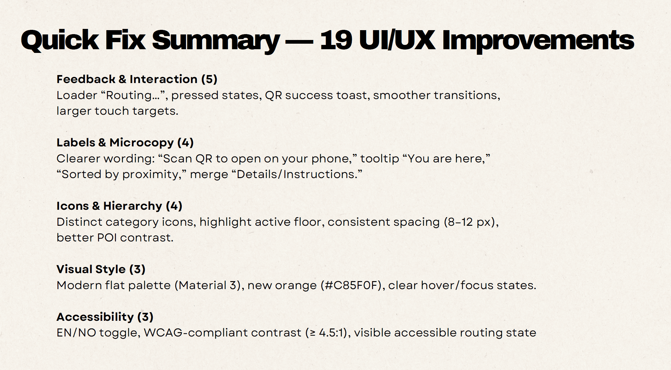 Slide summarising UI/UX improvements proposed to stakeholders